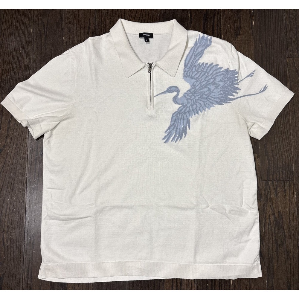 Express Mens Knit Polo Shirt White Short Sleeve 1/4 Zip Flying Crane Graphic XL